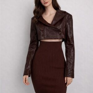 Chocolate Brown Cropped Jacket-Style Knit Dress | Faux Leather Look L